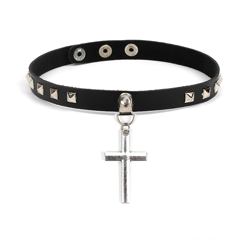 Black PU leather cross choker necklace with silver studs - flat lay overhead view