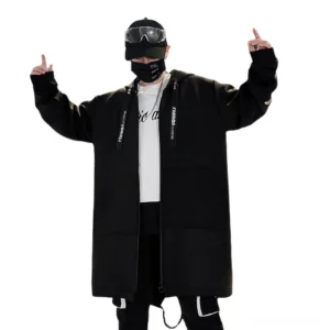 Black gothic cross print hooded zip coat for men, front full-body streetwear style