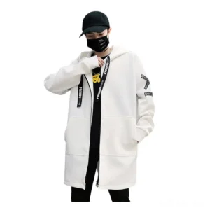 White gothic cross print hooded zip coat for men, front full-body model view