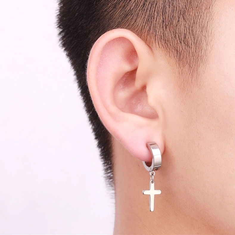 Gothic cross drop earrings display - stainless steel dangle huggie pierced various finishes