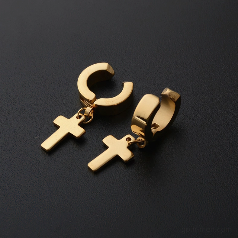 Stainless steel gothic cross dangle earrings product shot - pierced huggie multiple angles