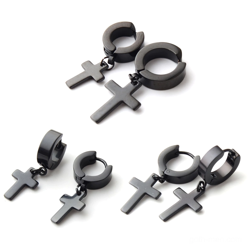 Black and silver gothic cross dangle earrings side view - stainless steel huggie pierced pair