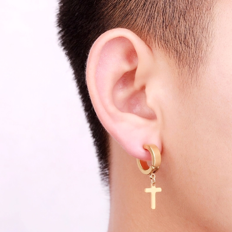 Stainless steel cross earrings close-up detail - gothic dangle pendant design showcase