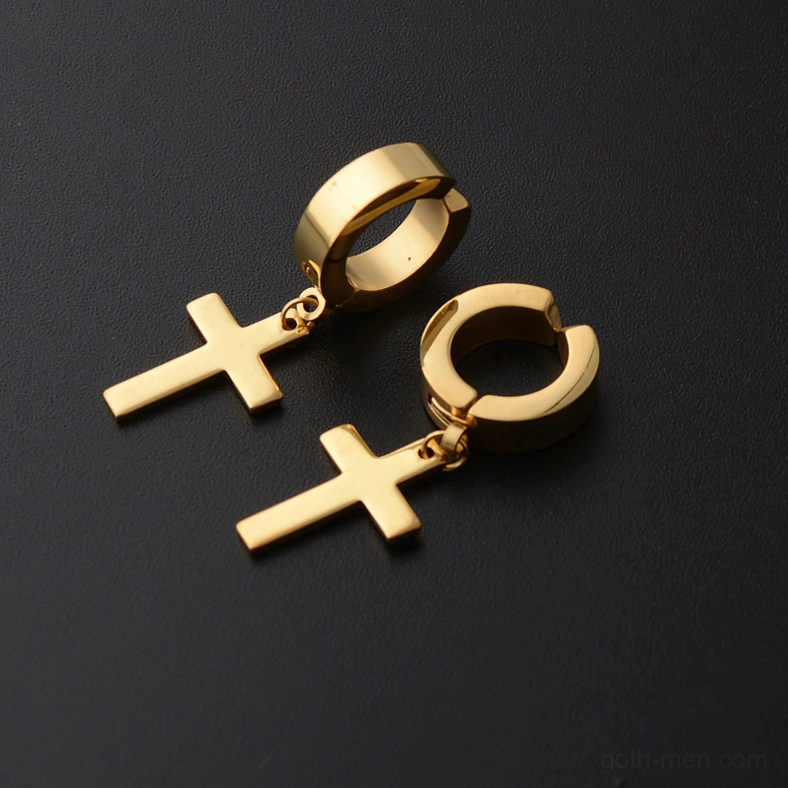 Gothic cross drop earrings flat lay with sizing - stainless steel dangle huggie dimensions