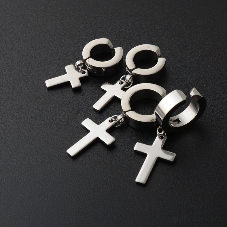 Gothic stainless steel cross drop earrings styled display - dangle huggie earring showcase