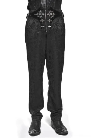 Man wearing black Victorian gothic embroidered cargo pants with cross detail and lace-up waist, front full-body studio view