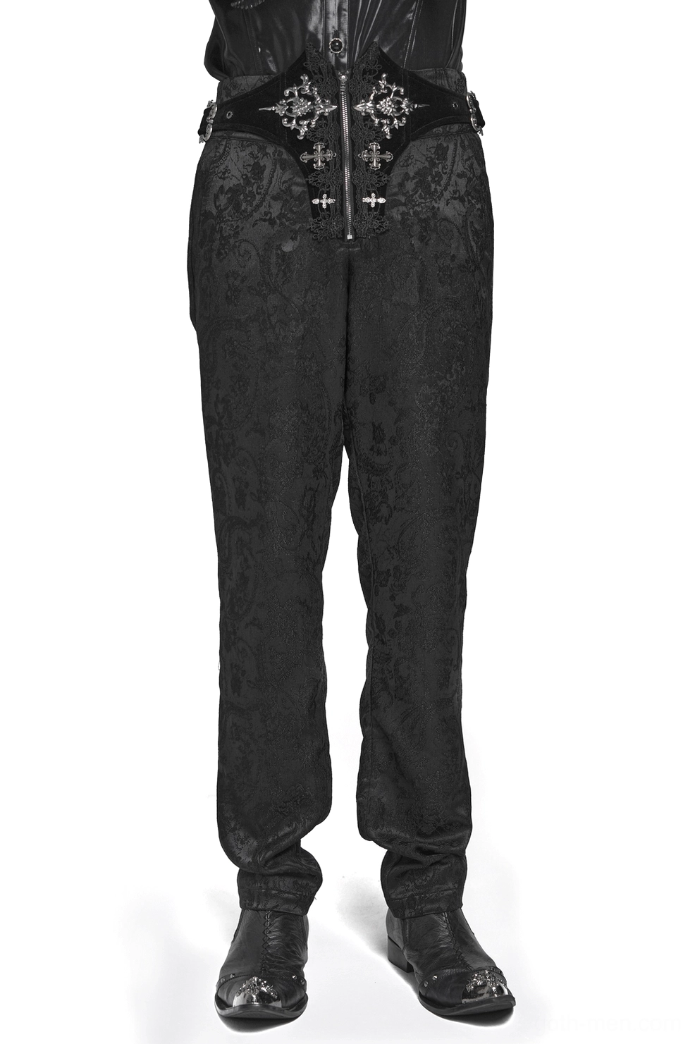 Man wearing black Victorian gothic embroidered cargo pants with cross detail and lace-up waist, front full-body studio view