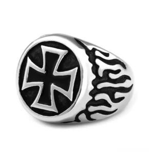 Infernal Cross Flame Biker Ring – Gothic Stainless Steel Three-Quarter View with Silver and Black Engraved Details