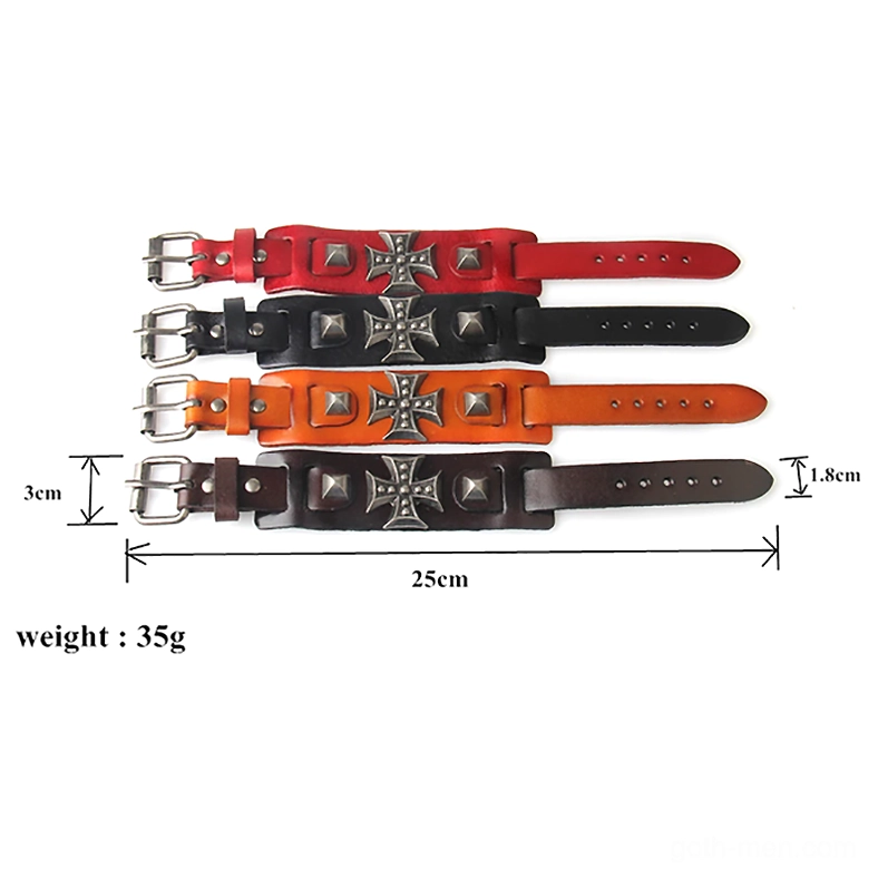 Four color variants of gothic cross leather bracelets displayed as complete collection set black red coffee orange