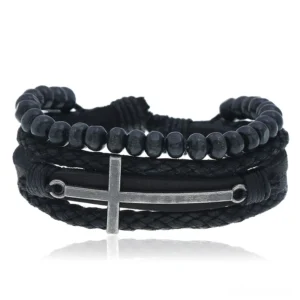Multi-layer gothic cross leather bracelet with black cowhide, wood beads, and zinc alloy cross charm - front flat lay view