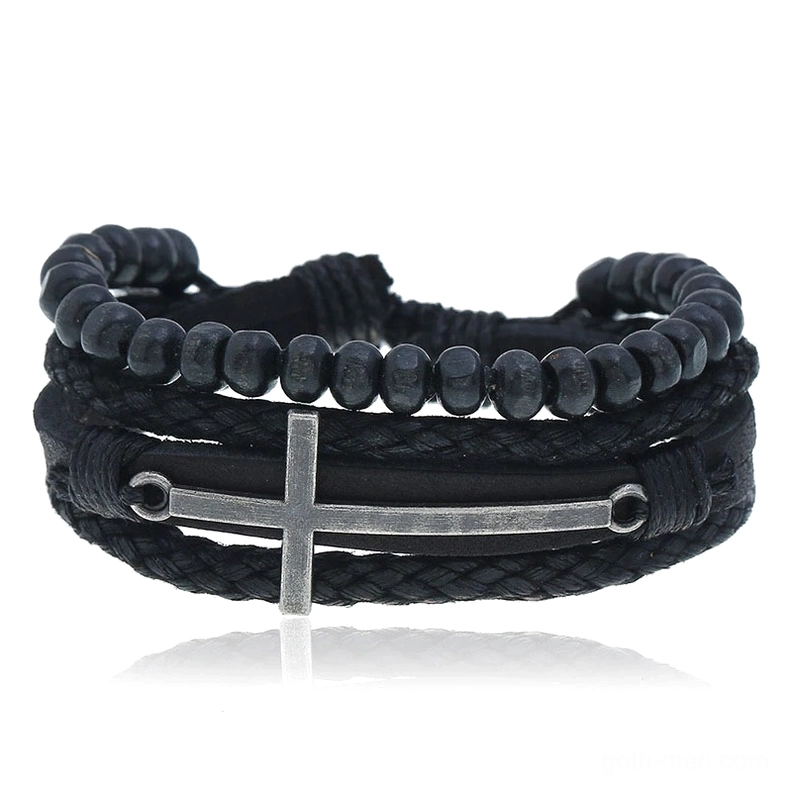 Multi-layer gothic cross leather bracelet with black cowhide, wood beads, and zinc alloy cross charm - front flat lay view