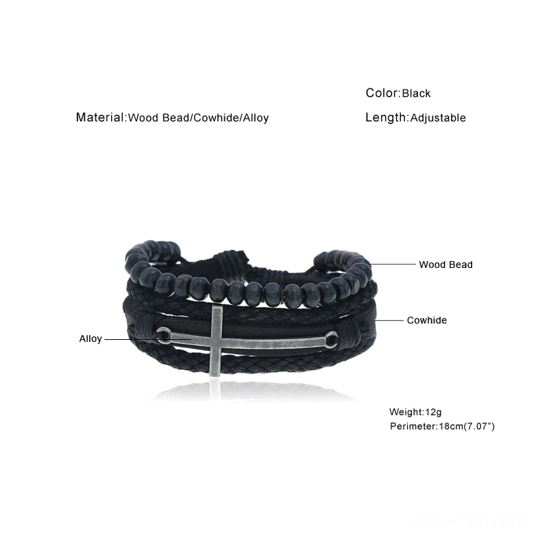 Gothic cross leather bracelet with braided cord detail - angled flat lay showing multiple layers and materials