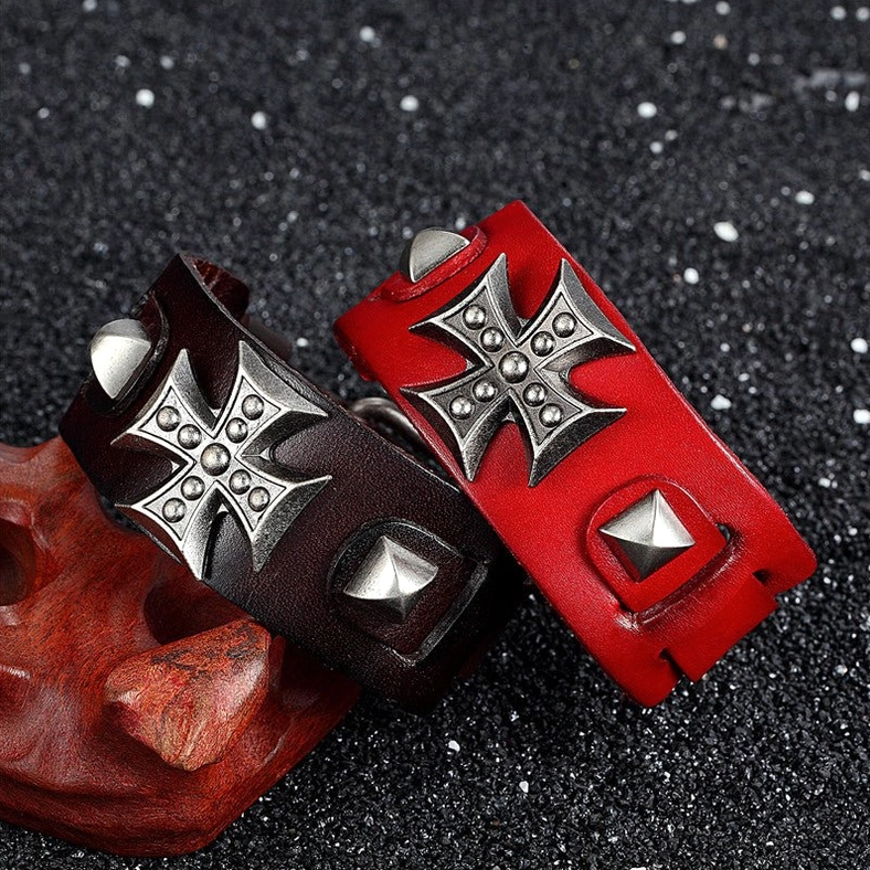 Gothic cross leather wrap bracelet product display angled view showing genuine leather construction and metal cross design