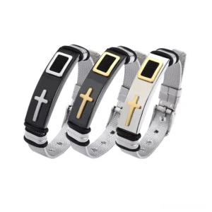 Three color variants of gothic cross stainless steel mesh bracelets in silver, black-silver, and black-gold finishes displayed overhead flat lay