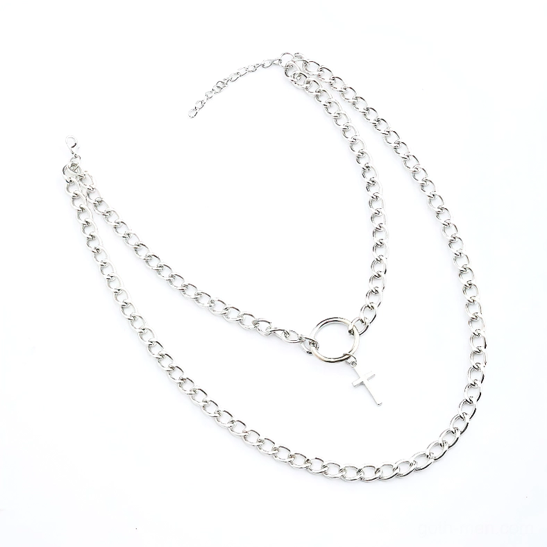 Gothic punk chain necklace with cross pendant, side angle view showcasing dual-layer chain construction and link patterns