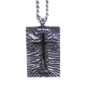 Gothic cross pendant necklace with radial striped texture design and black enamel accents, centered front view