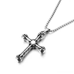 ornate 925 silver gothic cross necklace pendant showcasing carved scroll details and central decoration from angled perspective