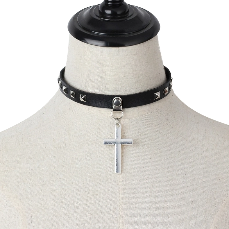 Women's adjustable cross choker necklace - front display on cloth mannequin