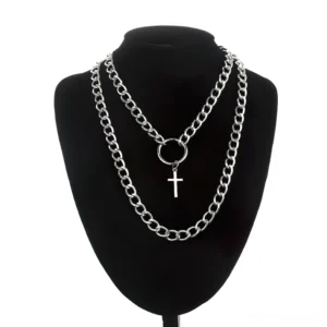 Silver punk chain necklace with cross pendant, layered metal design displayed on black jewelry mannequin, front elevation view