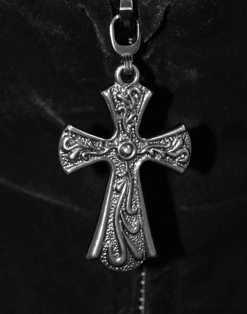Detailed close-up of carved floral silver-toned gothic cross pendant necklace with lobster clasp, removable accessory