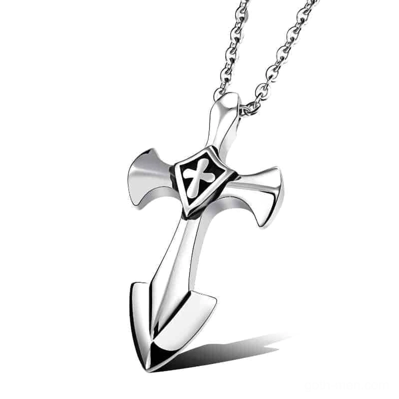 Stainless steel gothic cross pendant necklace front view polished silver finish