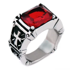 Gothic cross red cubic zirconia stainless steel biker ring three-quarter front view