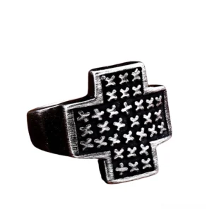 Gothic cross stainless steel ring with vintage dark silver finish and intricate cross engravings, three-quarter left view