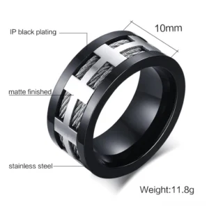 316L stainless steel gothic cross ring with product specification labels and measurements displayed on white background