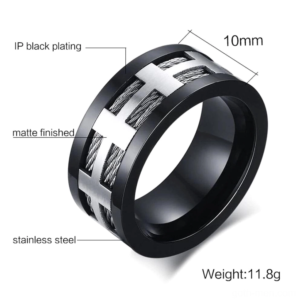 316L stainless steel gothic cross ring with product specification labels and measurements displayed on white background