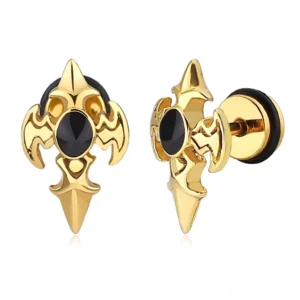 Gold gothic cross spike stud earrings with black cubic zirconia inlay - polished stainless steel variant display