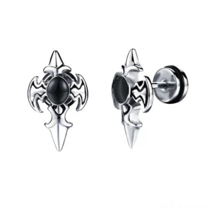Silver gothic cross spike stud earrings with black zircon center - front and side view showcasing spiked cross design