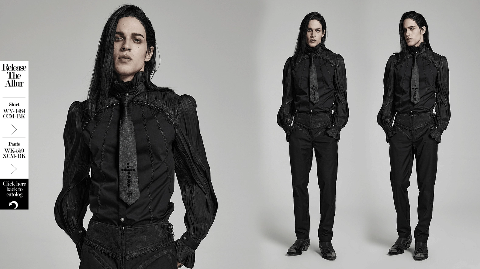 Gothic necktie styling showcase with long-haired male models wearing black jacquard tie matched with black dress shirts in studio setting