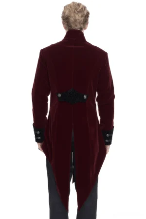 Gothic wine red cross-tail coat back view showing decorative waist patch and split tail hem on male model