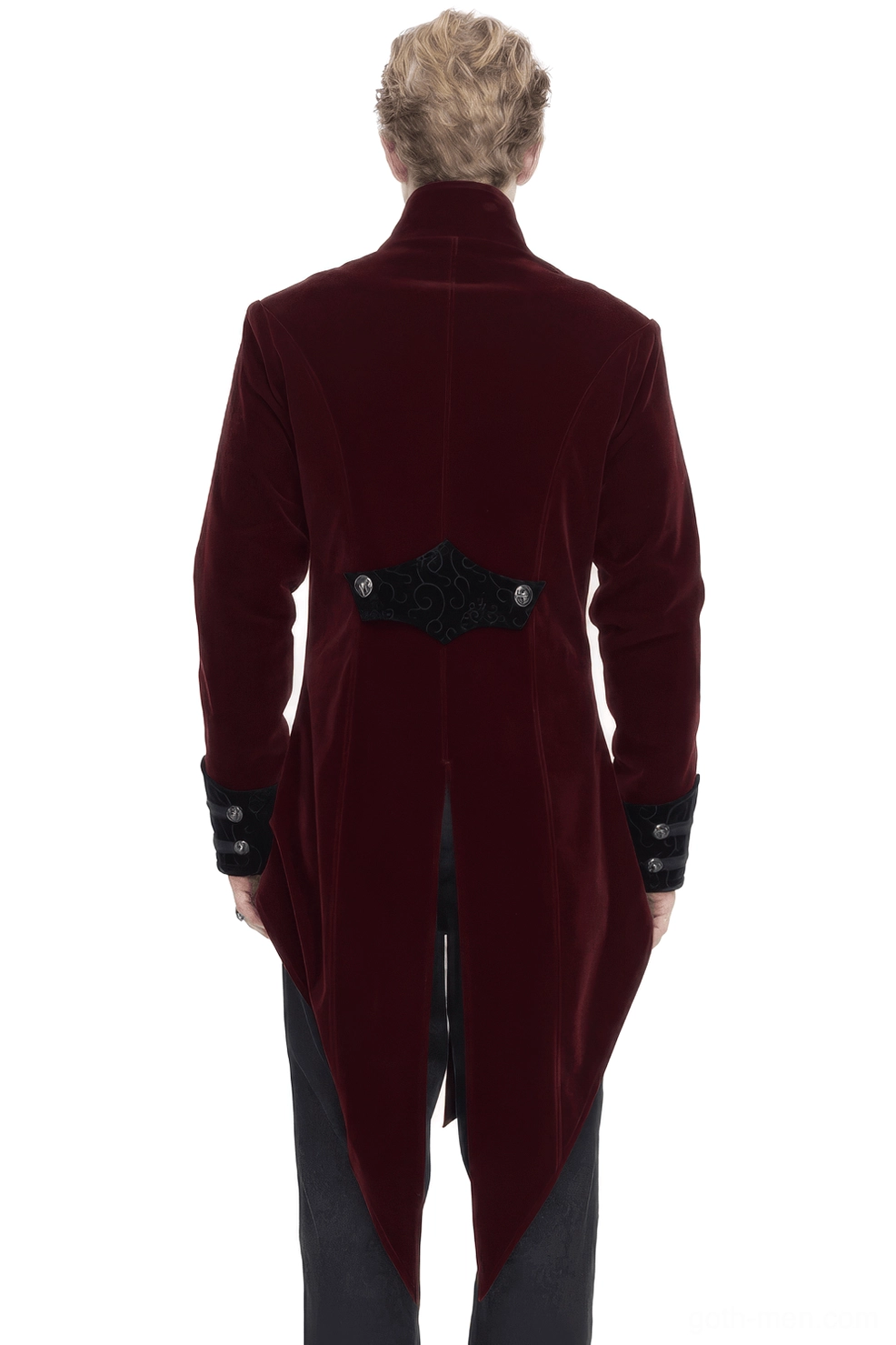 Gothic wine red cross-tail coat back view showing decorative waist patch and split tail hem on male model