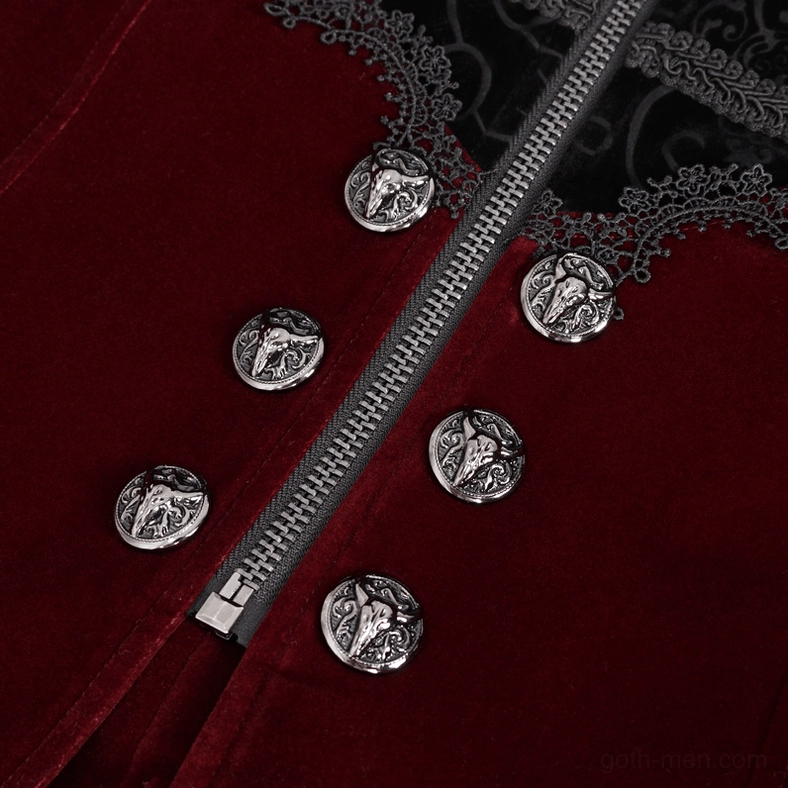 Wine red gothic cross-tail coat interior construction detail showing tailored fit and seam quality