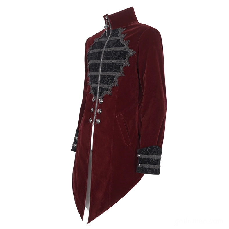 Gothic wine red cross-tail coat side view showing stand collar and decorative split tail hem flat lay
