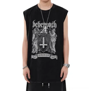 Black gothic cross graphic tank top on male model, oversized fit, full front view