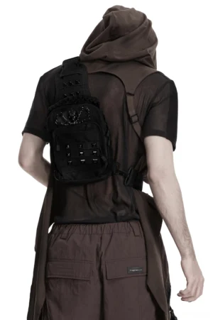 Gothic punk crossbody sling bag back view displaying adjustable studded webbing shoulder strap