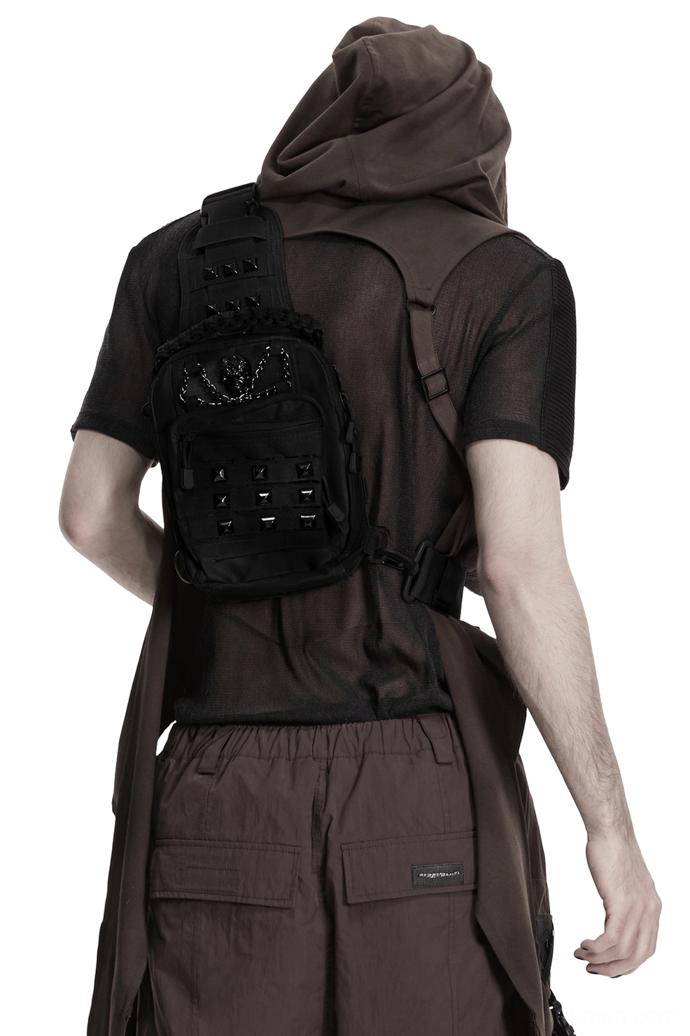 Gothic punk crossbody sling bag back view displaying adjustable studded webbing shoulder strap