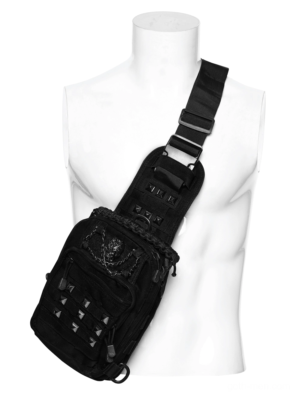 Tactical gothic crossbody sling backpack with metal skull hardware and stud embellishments