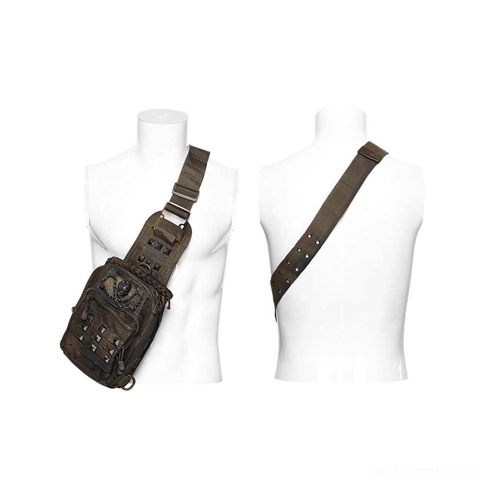 Front and side display view of gothic skull crossbody backpack with adjustable studded shoulder strap on white mannequin
