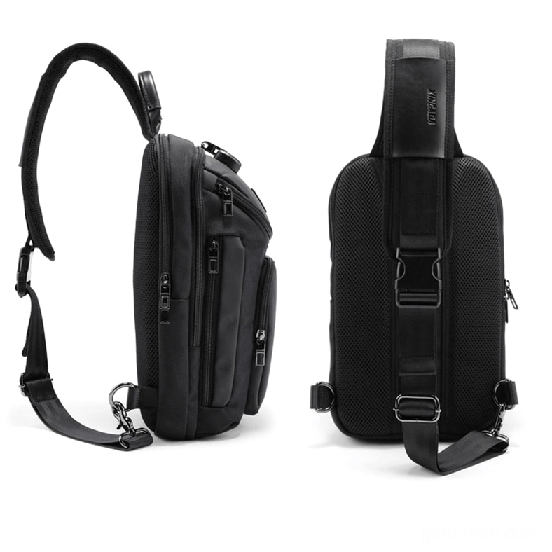 Mens sling bag side and rear view showing mesh breathable back panel and adjustable metal buckle strap