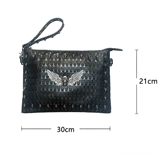 Black punk leather crossbody bag with winged skull decoration - size reference 30cm x 21cm
