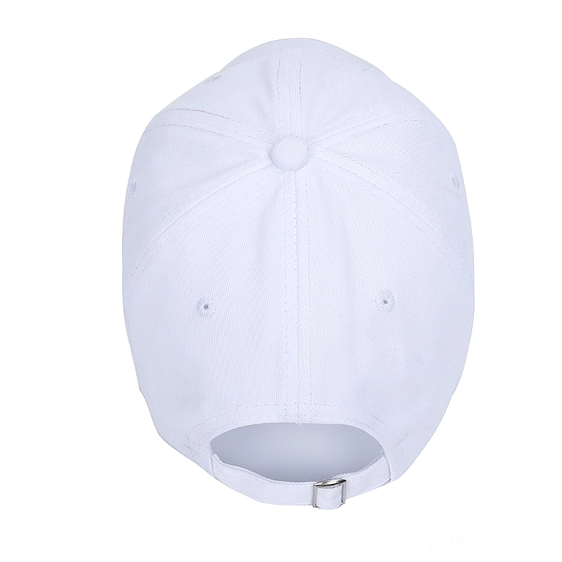 White goth cap rear view showing six-panel construction and adjustable buckle strap closure
