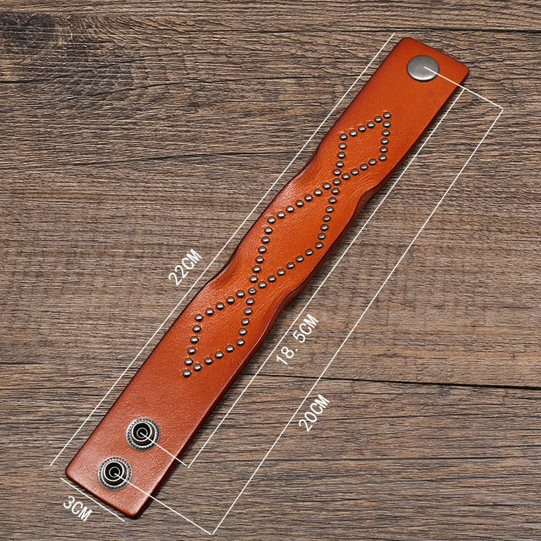 Wide leather gothic cuff bracelet collection showcasing adjustable snap buckle and rivet details in multiple colors