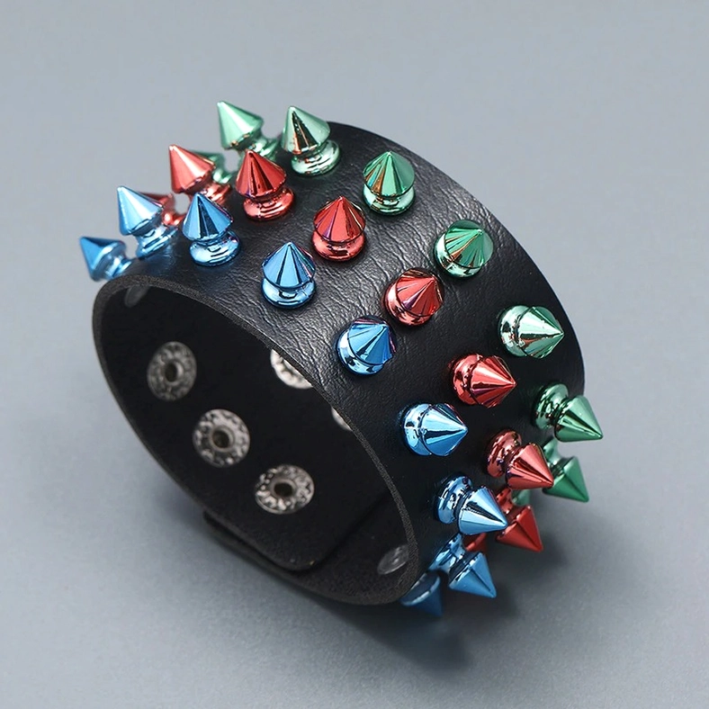 Front view of multicolor spike gothic cuff bracelet displaying complete outer design with cone spike arrangement