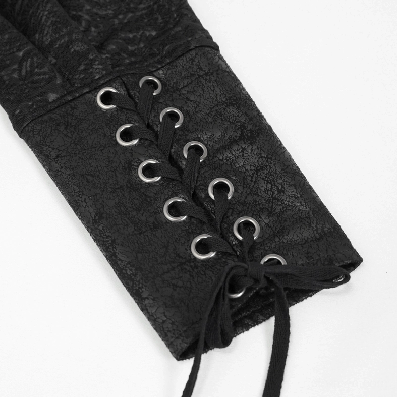Close-up of gothic shirt faux leather cuff with metal eyelets and adjustable lace-up strap system