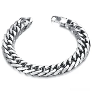 Stainless steel gothic curb chain bracelet side view showing twisted chain links and lobster clasp detail