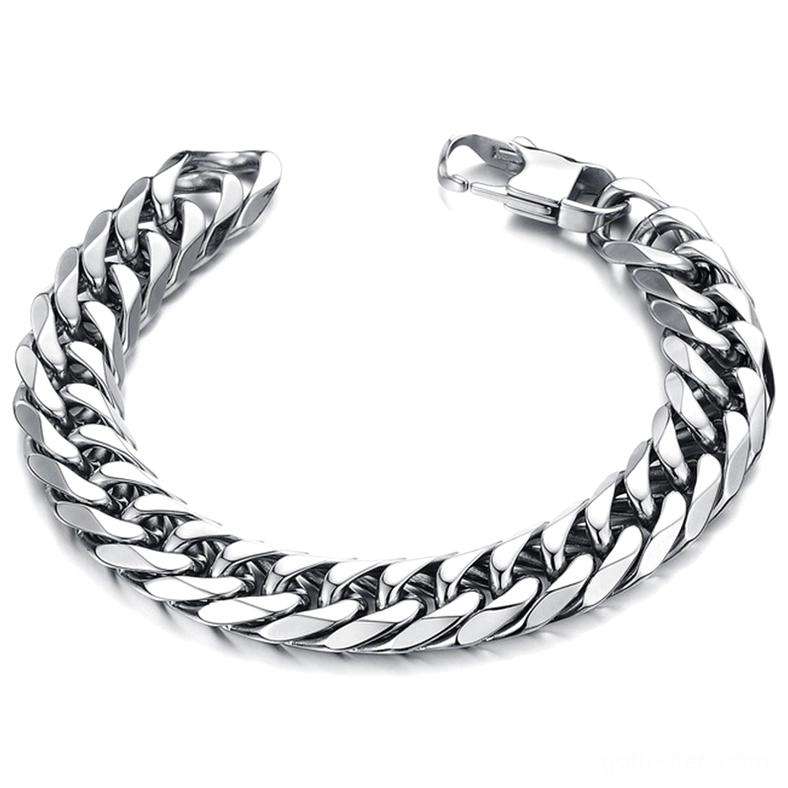 Stainless steel gothic curb chain bracelet side view showing twisted chain links and lobster clasp detail