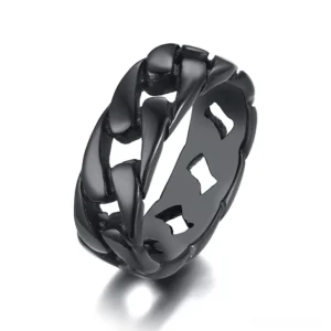 Black stainless steel gothic curb chain link ring with hollow linked pattern design, overhead studio view